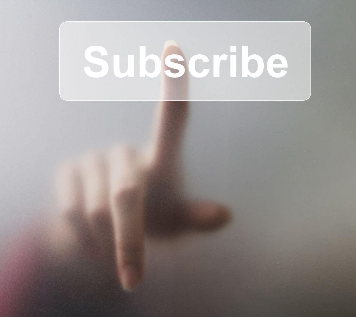 Woman pressing Subscribe button on grey background.